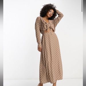 ASOS DESIGN cut out waist long sleeve midi dress in brown and white stripe